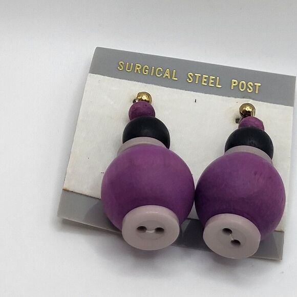 Lot Of 6 Artisan Wooden Button Earrings Purple 2in - Picture 3 of 5